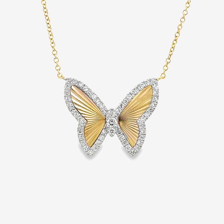 Fly into fashion with our fluted diamond Butterfly Collection necklace! Made of 14K yellow gold, this stunning piece features a delicate butterfly outline adorned with round brilliant cut diamonds. Flutter on over and add it to your collection today! Pair it with anything from our Butterflies Collection for an all-over charming look. Natural Diamonds: 0.25ctw 14K Yellow Gold Length: 18 Inches Butterfly Shaped Yellow Gold Diamond Jewelry, Yellow Gold Butterfly Diamond Jewelry, Butterfly Shaped Diamond Necklace, Butterfly-shaped Yellow Gold Jewelry With Diamond Accents, Diamond Butterfly Necklace With Diamond Accents, Fine Jewelry Butterfly Shaped Diamond Necklace, Yellow Gold Diamond Butterfly Necklace, Yellow Gold Diamond Butterfly Necklace With Charm, Diamond Butterfly Necklace In Yellow Gold