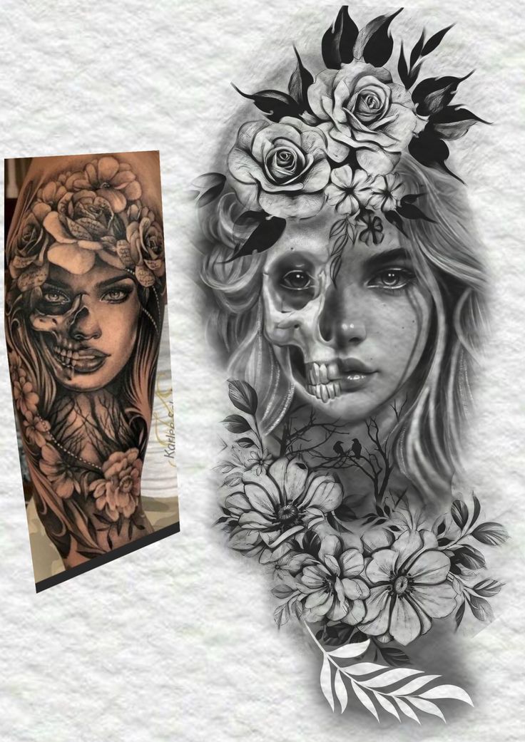 two different tattoos, one with a woman's face and the other with flowers on her head