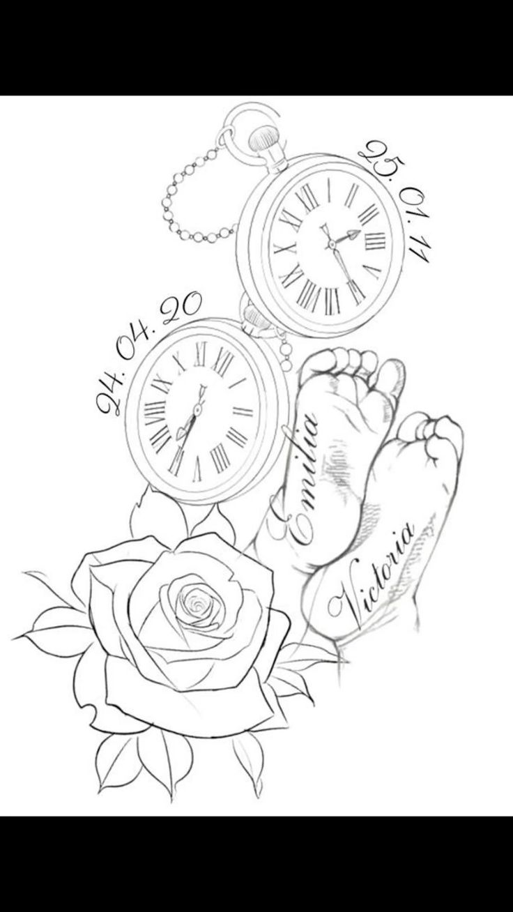 a black and white drawing of flowers with clocks