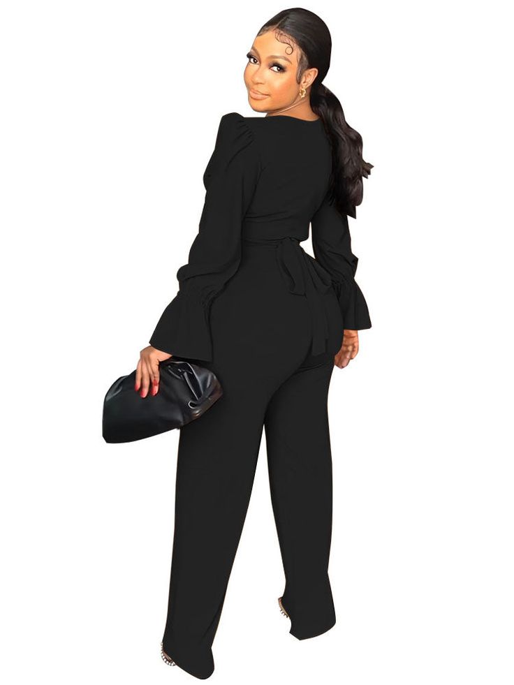 Material:90-95% Polyester. Features:Flare long sleeve. v-neck. solid color. long sleeve. two-piece outfits.Style:Casual. Wide Leg Pant Suit, Bodycon Tops, High Waist Wide Leg Pants, Flare Long Sleeve, Custom Size Dresses, Multi Dress, Long Sleeve Bodycon, Two Piece Outfit, Tops For Leggings