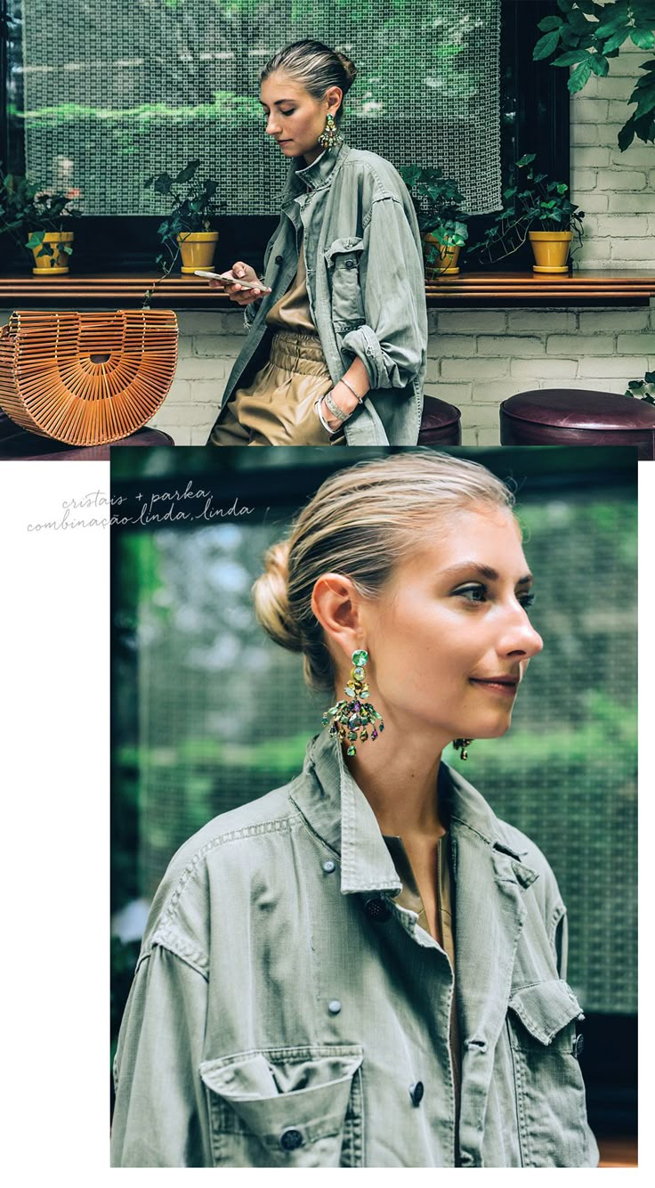 Jenny Walton Style, Jenny Walton, Earrings Outfit, Olive Jacket, Sleek Bun, Dope Fashion, Pretty Style, Big Earrings, 가을 패션