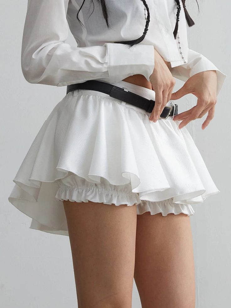 SIZE S:waist:68cm,skirt length:30cm M:waist:72cm,skirt length:31cm L:waist:76cm,skirt length:32cm Note: 1 inch = 2.54 cm, 1 cm = 0.39 inch Measurement by hands allow 2-3cm errors which is normal Spring Mini Skirt With Fake Two-piece Design, Spring Mini Skirt With Fake Two-piece Detail, Spring Fake Two-piece Mini Skirt, Fitted White Tiered Skort, White Ruffled Mini Hem Bottoms, White Ruffled Bottoms With Mini Hem, White Ruffled Mini Length Shorts, White Ruffled Mini Shorts, White Mini Shorts With Ruffles