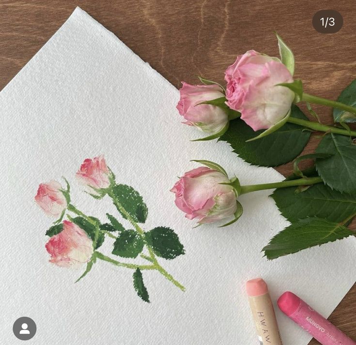 some pink roses are sitting on top of a piece of paper with crayons