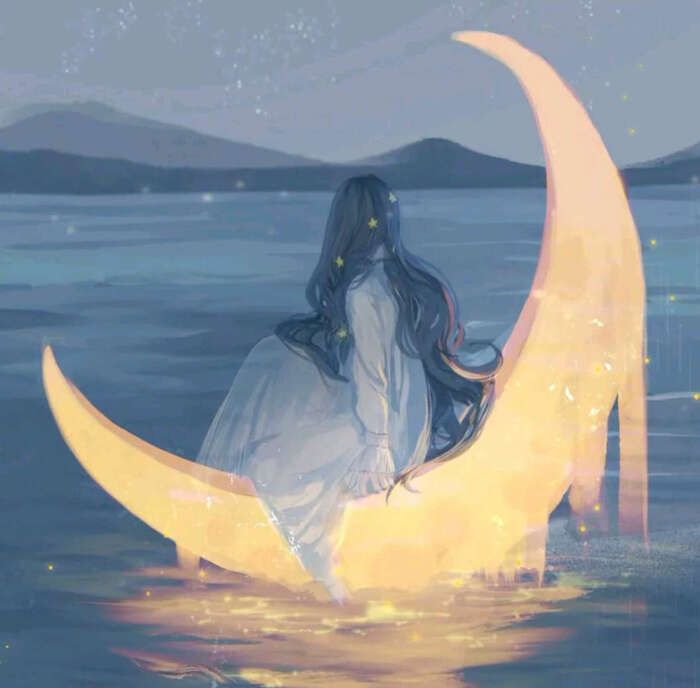 a woman sitting on the moon in the water