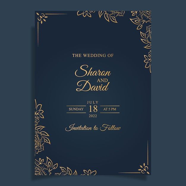 the wedding card is designed with gold and black flowers on a dark blue paper background