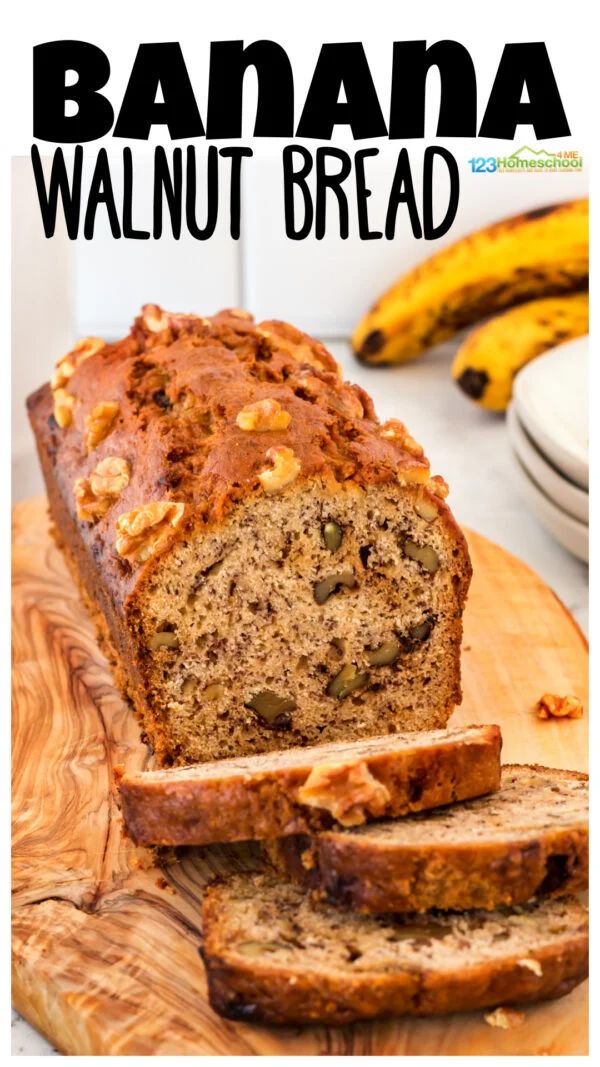 banana walnut bread on a cutting board with bananas in the background and text overlay