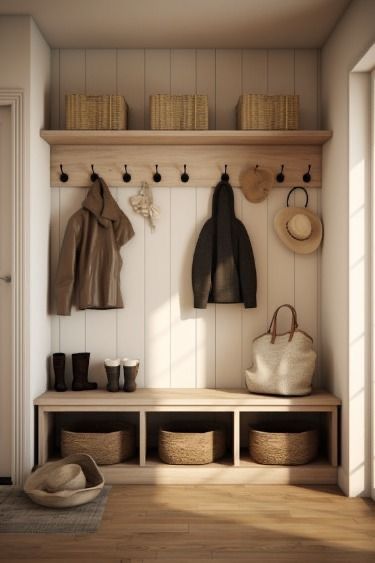 a coat rack with hats and coats hanging on the wall next to a wooden bench