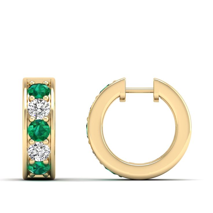 These exquisite emerald and diamond hoop earrings are a stunning addition to any jewelry collection. Crafted with precision and attention to detail, the vibrant emeralds are elegantly complemented by the sparkling diamonds, creating a luxurious and sophisticated look that is perfect for any occasion. Metal: 14K Gold Setting Type: Prong Rhodium Finish: Yes, on White Gold Gemstone Details: Gemstone: Emerald Shape: Round Average Dimensions: 3.00 MM Quantity: 06 Average Cut: Very Good Average Color: Elegant Emerald Huggie Earrings For May Birthstone, Fine Jewelry Emerald Hoop Earrings In Green, Fine Jewelry Emerald Diamond Earrings, Green Emerald Hoop Earrings In Fine Jewelry Style, Luxury Round Emerald Diamond Earrings, Elegant Round Hoop Earrings With Emerald, Emerald Huggie Earrings For Anniversary, Emerald Green Hoop Earrings Fine Jewelry, Green Emerald Hoop Earrings Fine Jewelry