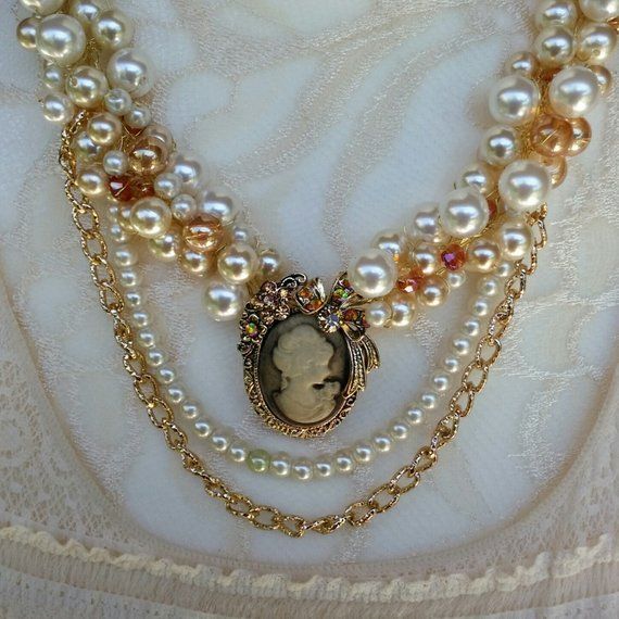 New Fall Designs! Shop Now!   Vintage Cameo and Pearl Bridal Statement Necklace, Unique OOAK Gift for Her Raw Quartz Necklace, Bridal Statement Necklace, Fall Designs, Statement Collar, Bridal Necklace Set, Vintage Cameo, Pearl Cluster, Pearl Crystal, Necklace Pearl