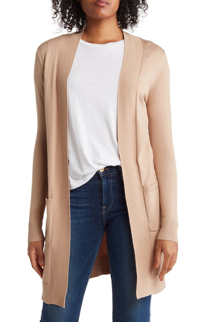 Easily add casual comfort to any look with this longline open-front jacket cut with must-have pockets from a stretch-enhanced knit blend. 34" length (size S) Shawl collar Long sleeves 70% viscose, 30% nylon Machine wash Imported Model stats: 5'10" height, 32" bust, 25" waist, 36" hip. Model is wearing size S. Life With Jazz, Black Linen Pants, Neutral Sweaters, Fashion Capsule Wardrobe, Spring Capsule, Summer Capsule, Spring Capsule Wardrobe, Summer Capsule Wardrobe, Open Front Jacket