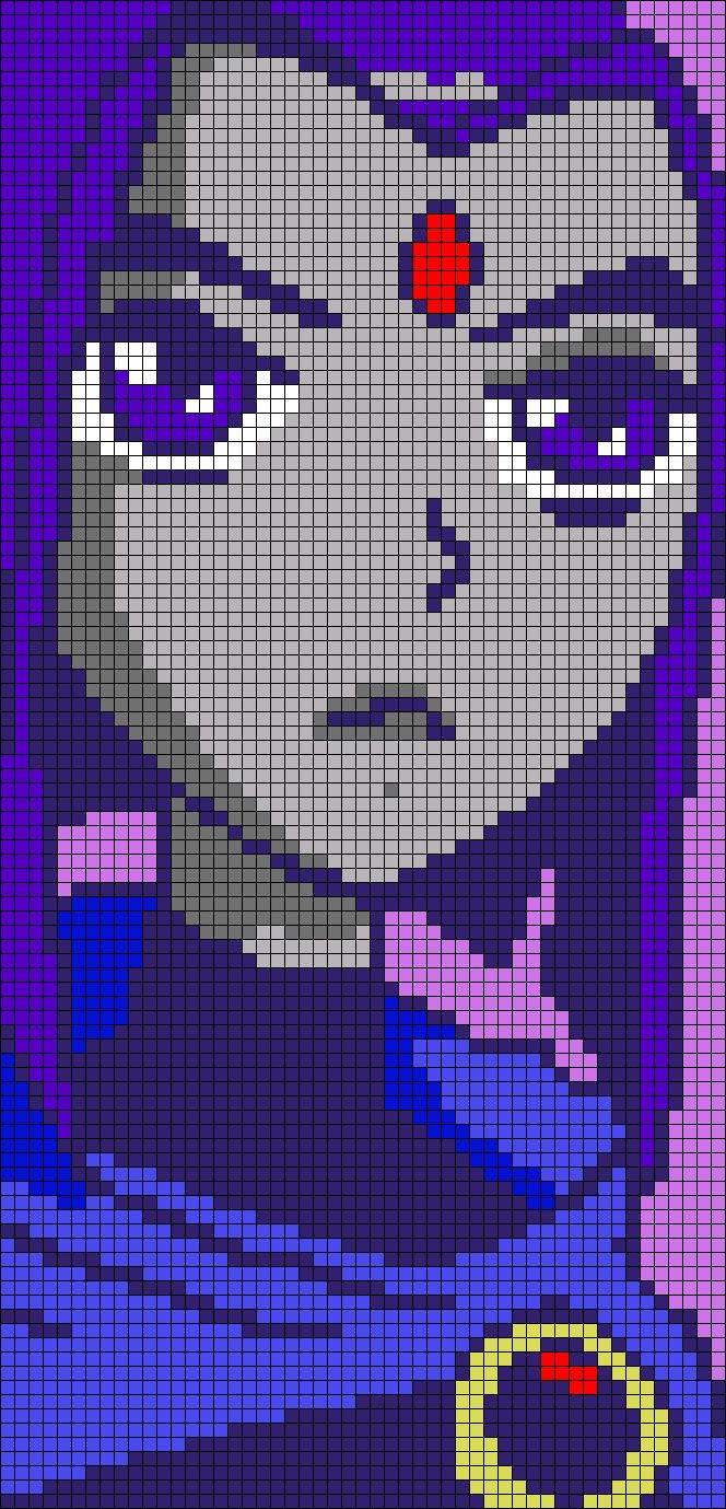 an image of a woman with purple hair and blue eyes on a pixellated background