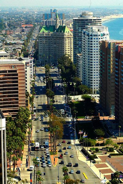 a city street lined with tall buildings next to the ocean and palm trees on both sides