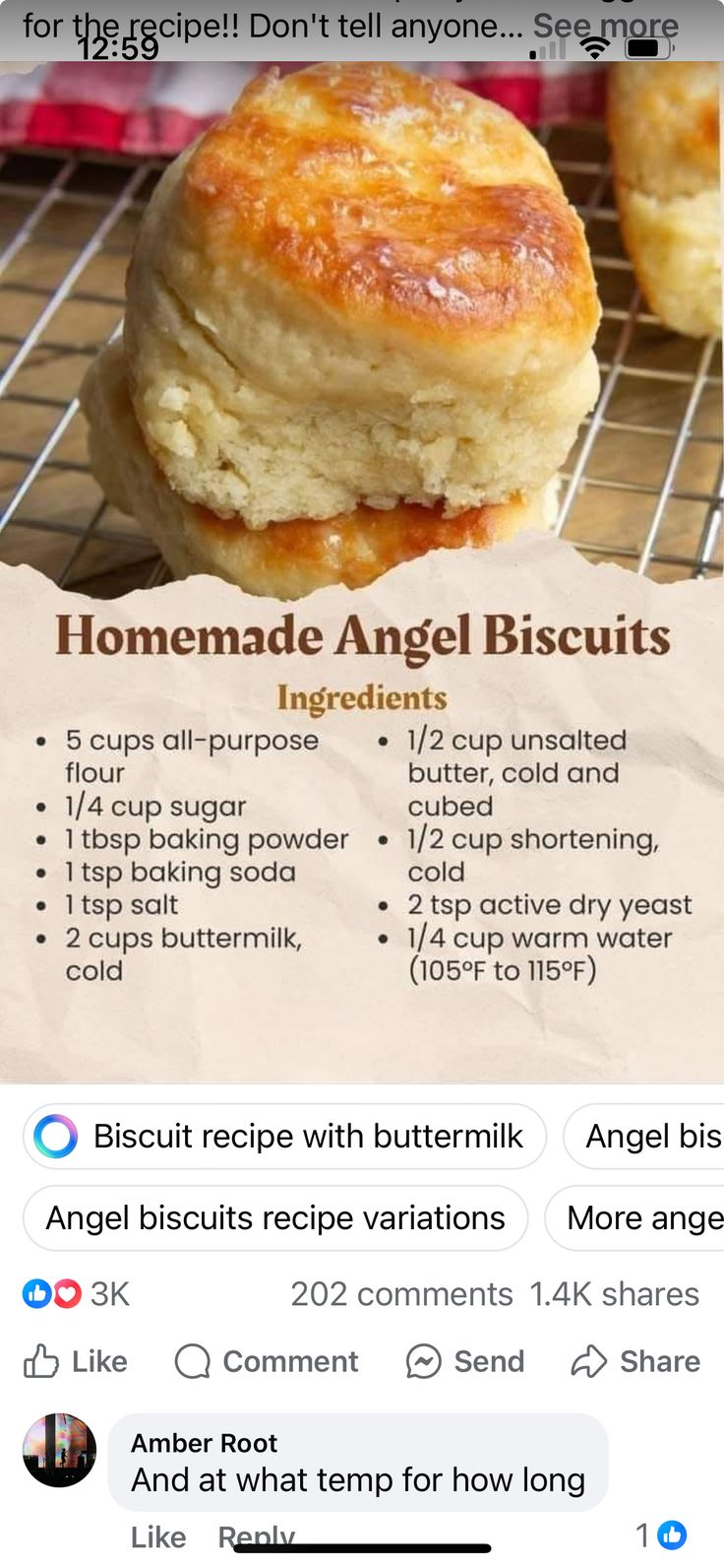 the recipe for homemade angel biscuits is displayed on an instagram page,