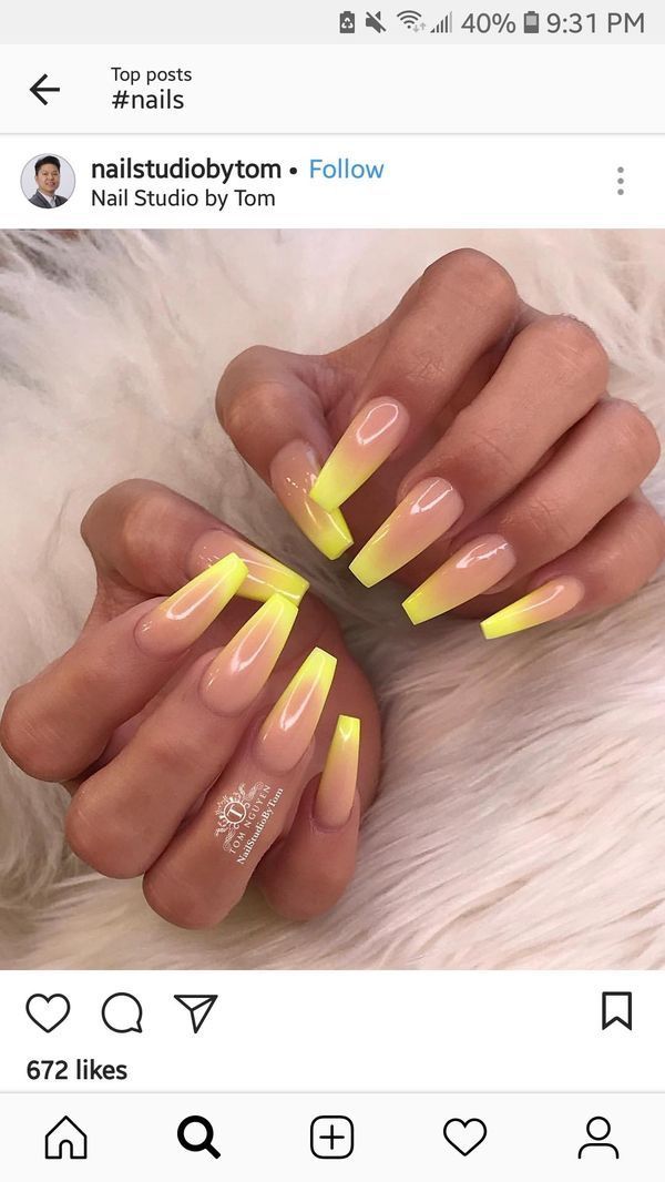 Nails Acrylic Summer Ombre, Neon Yellow Coffin Acrylic Nails, Neon Yellow Acrylic Nails Designs, Neon Coffin Nail Ideas, Ombré Neon Nails, Ombré Yellow Nails, Neon Yellow Ombre Nails, Yellow Ombre Nails Coffin, Ombre Yellow Nails