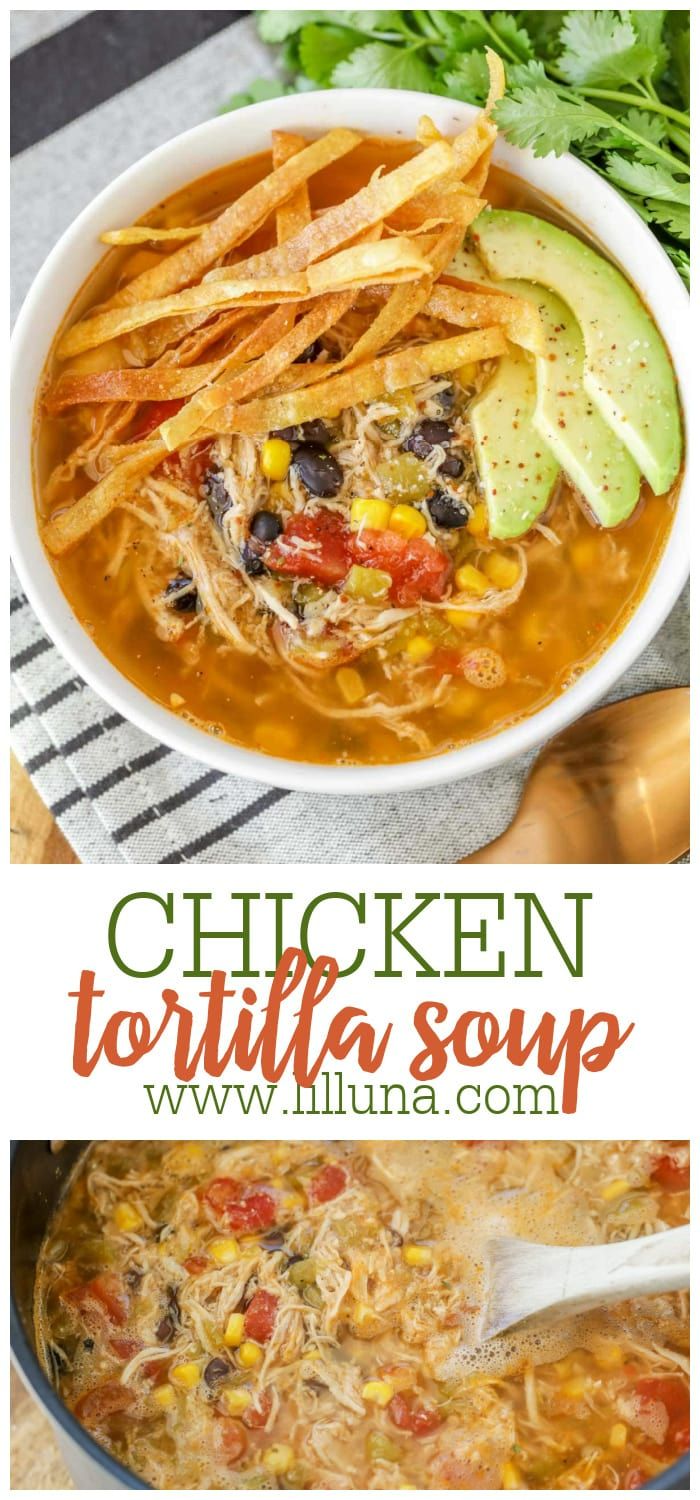 chicken tortilla soup with tortilla chips and avocado on the side