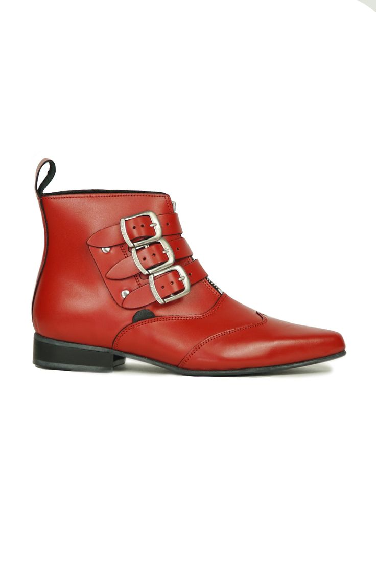 BLITZ WINKLEPICKER 3 STRAP BOOT WITH FRONT ZIP – RED GRAIN LEATHER The Blitz Winklepicker is a three-buckle flat-heeled ankle boot with front zip. PRODUCT DETAILS SOLE HEIGHT: HEEL – 2.2cm / TOE – 0.4cm SHOE HEIGHT: AT HEEL – 11.5cm (Height of the shoe upper excluding sole) Punk Style Ankle Boots With Buckle Closure, Punk High-top Boots With Buckle Closure, Punk Style Leather Heeled Boots With Buckle Closure, Red Leather Boots With Buckle Closure, Punk Boots With Pointed Toe And Buckle Closure, Punk Leather Boots With Pointed Toe, Leather Moto Boots With Buckle Closure And Pointed Toe, Punk Style Leather Boots With Pointed Toe, Edgy Red Leather Boots