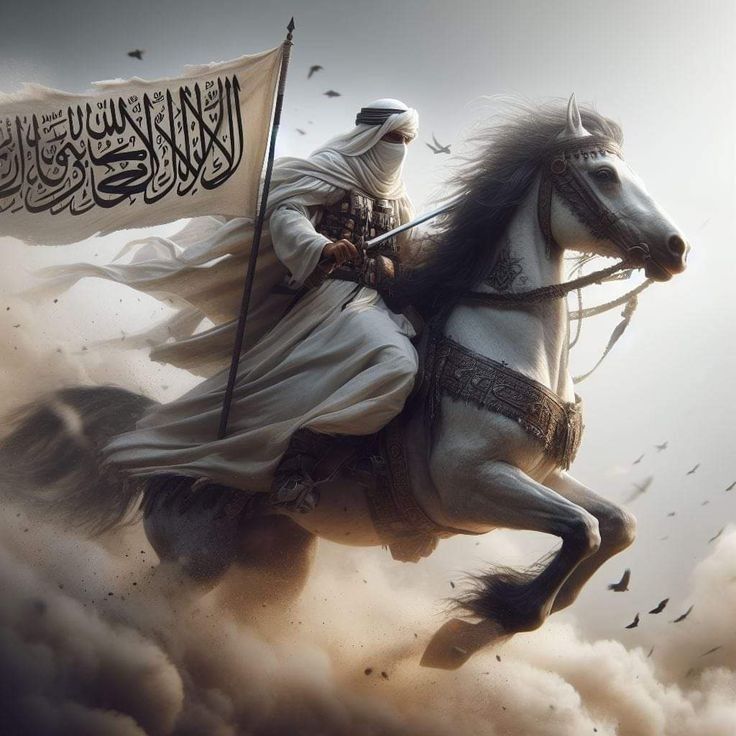 a man riding on the back of a white horse with a flag in his hand