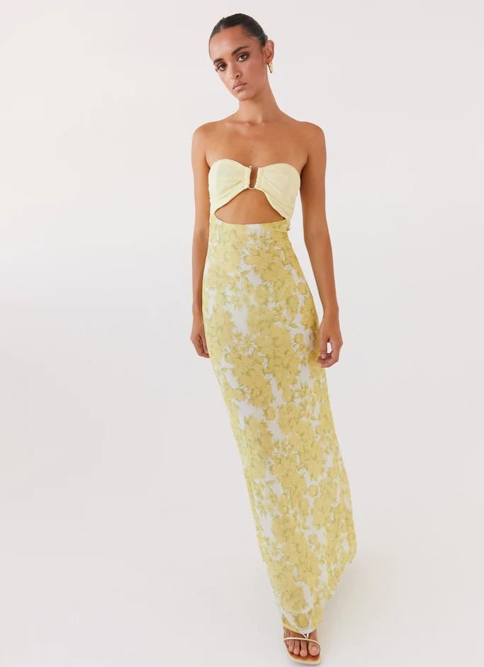 Dresses For Women | Dresses Online | Dressy Dresses | Peppermayo US Formal Dress Yellow, Peppermayo Dress, Hen Party Dress, Yellow Floral Maxi Dress, Hen Party Outfits, Floral Strapless Dress, Maxi Design, Beige Dresses, Dress Yellow