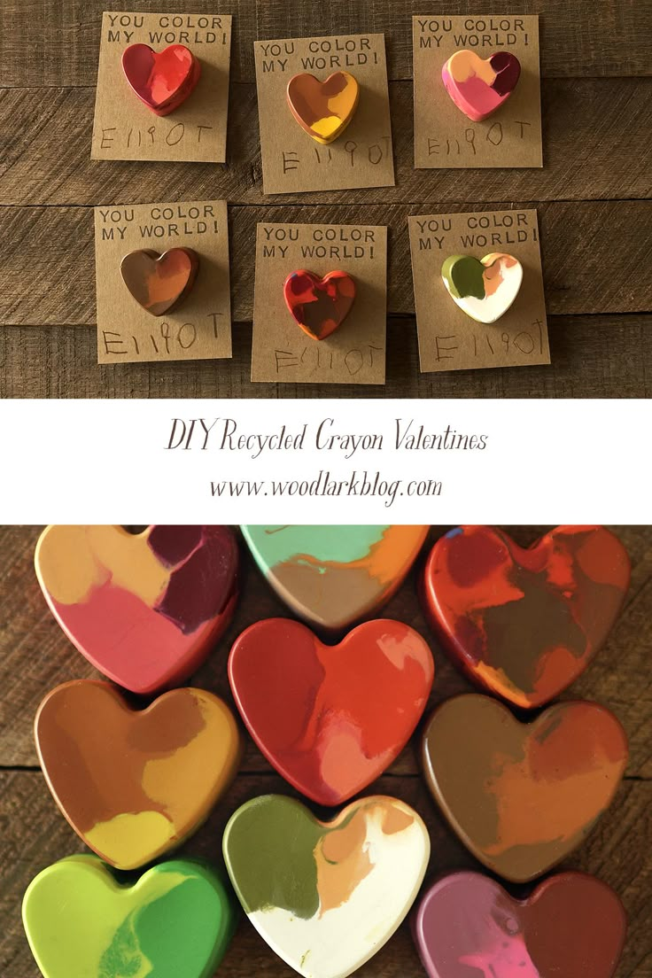 several heart shaped boxes with different colors on them and the words diy recycled crayo valentines