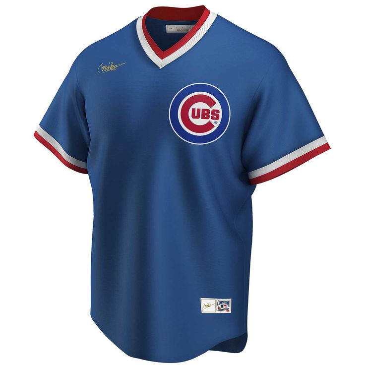 Cheer on your Cubbies in this Cubs Nike Official Cooperstown Replica Jersey from Nike! This pullover jersey is similar to the ones worn by the Cubs in the 80's. It is 100% Polyester with red and white trim around the neck and sleeves. Material: 100% Polyester Brand: Nike Short sleeve Royal blue with red and white details Runs large Officially licensed by MLB Crew Neck Jersey For Fan Merchandise, Collegiate Crew Neck Jersey For Fan Gear, Collegiate Crew Neck Jersey For Fans, Crew Neck Cotton Jersey With Team Logo, Nike Jersey With Team Logo, Throwback Team Jersey Tops, Throwback Team Jersey With Crew Neck, Fan Merchandise Crew Neck Jersey For Sports Season, Throwback Jersey Tops With Team Name