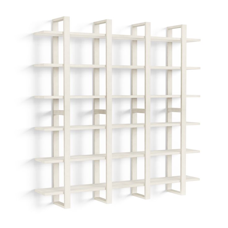 a white book shelf with four shelves on each side