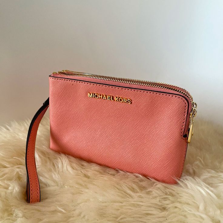 Salmon Colored Wristlet. Never Used, No Blemishes. Michael Kors Wristlet, Salmon Color, Michael Kors Bag, Wristlets, Clutches, Michael Kors, Bag Lady, Pouch, Pink