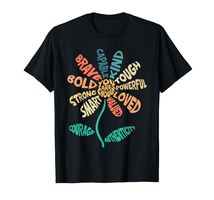 a black t - shirt with colorful words on it