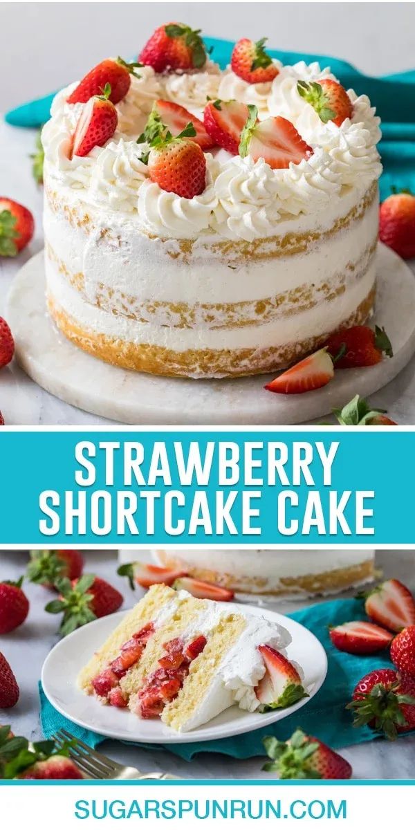 strawberry shortcake cake with white frosting and fresh strawberries on top