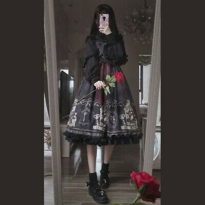 Lady Girls Gothic Lolita Dress Cosplay Costume Kawaii Ruffle Slip Vintage Black | eBay Harajuku Style Ruffled Halloween Dresses, Fairy Kei Style Black Dress For Halloween, Black Fairy Kei Dress For Halloween, Fairy Kei Black Dress For Halloween, Harajuku Style Winter Cosplay Dresses, Kawaii Dresses With Ruffles For Cosplay Events, Fairy Kei Black Dress For Cosplay, Harajuku Style Winter Costume Party Dress, Kawaii Ruffled Dresses For Cosplay Events