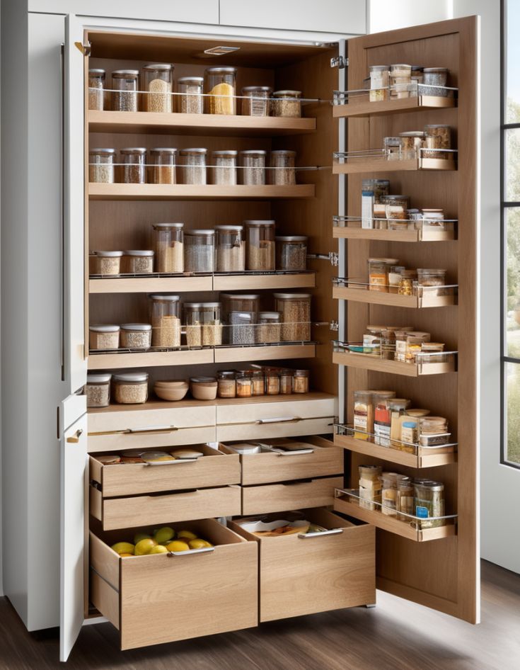 an open pantry with lots of drawers and shelves filled with food in the bottom drawer