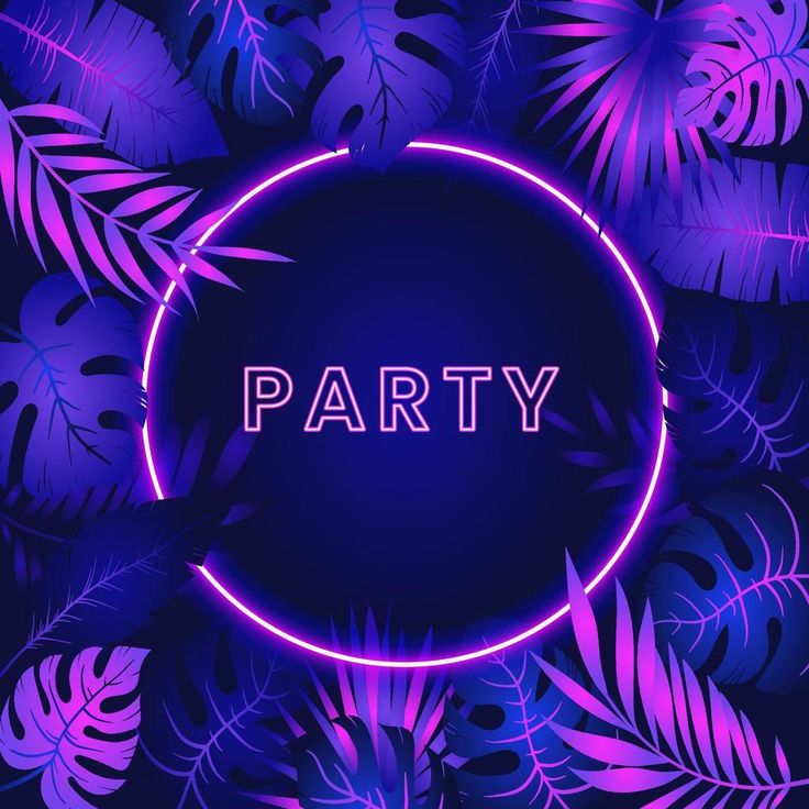 a neon purple party poster with palm leaves and the word party on it in a circle