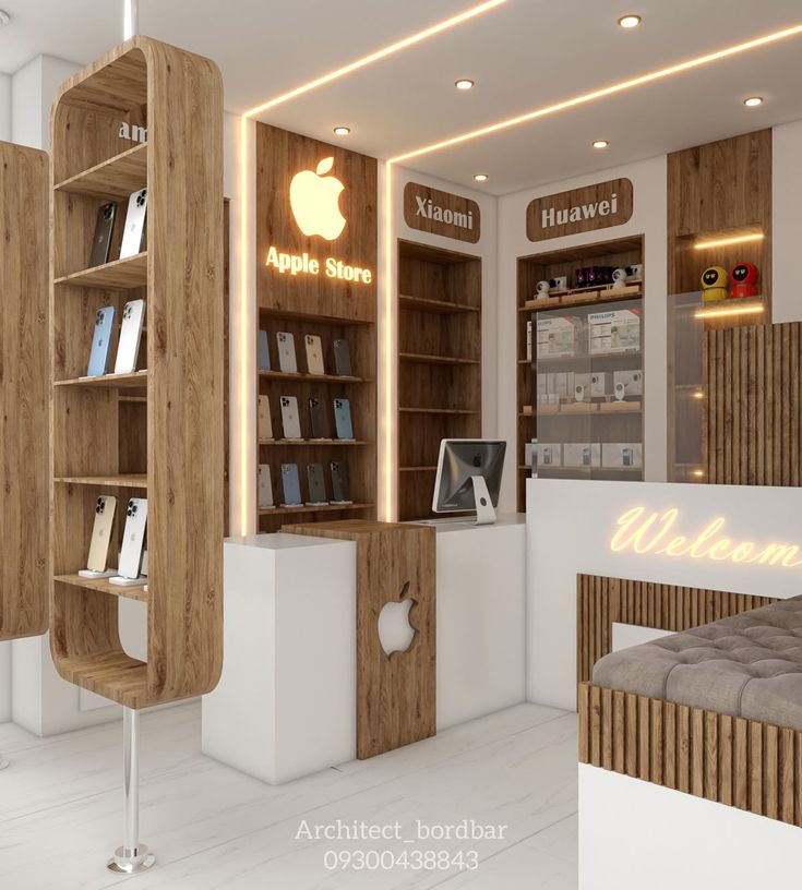 an apple store with bookshelves and shelves filled with various items, including a bed