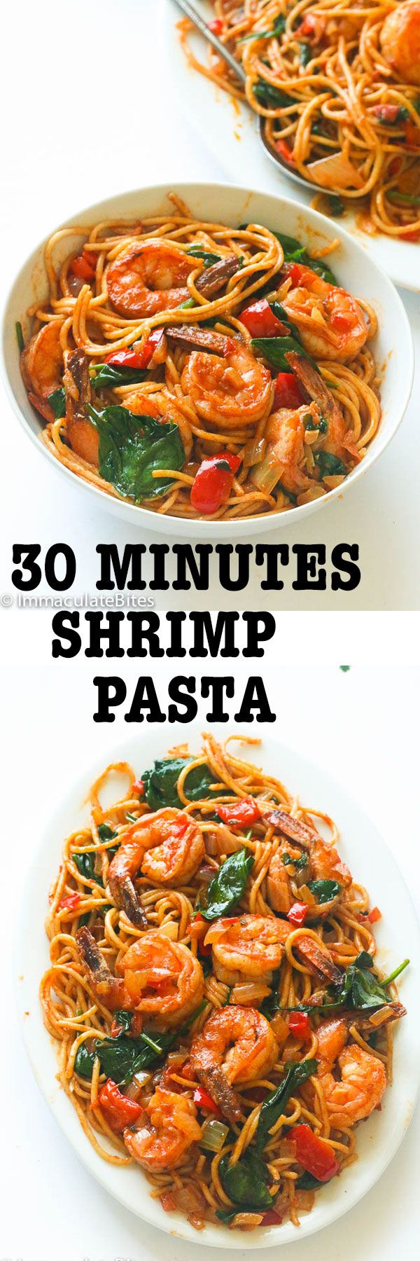 two plates filled with shrimp pasta and spinach on top of each other, in different stages