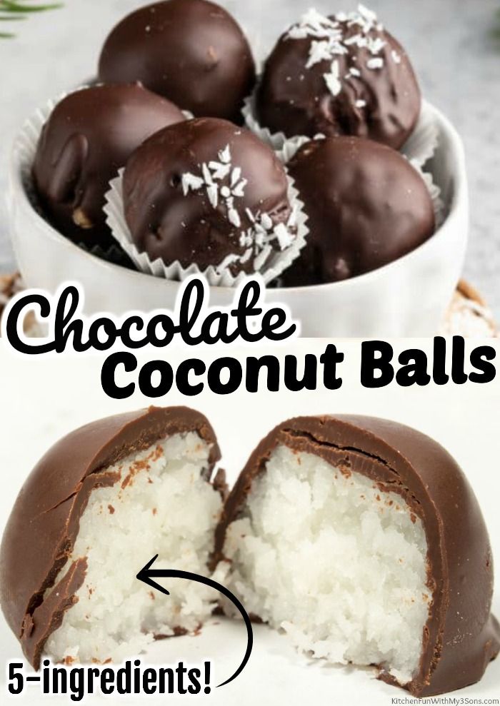 chocolate coconut balls in a white bowl with text overlay that reads, chocolate coconut balls 5 ingredients