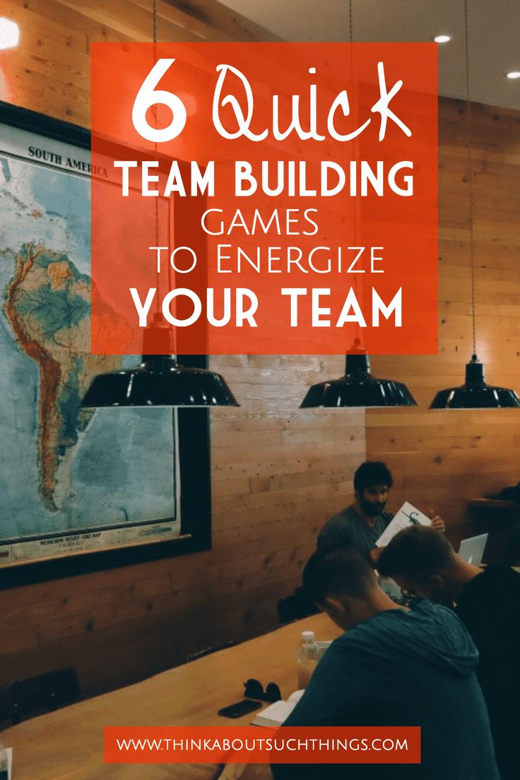 a group of people sitting around a wooden table with the words 6 quick team building games to energize your team