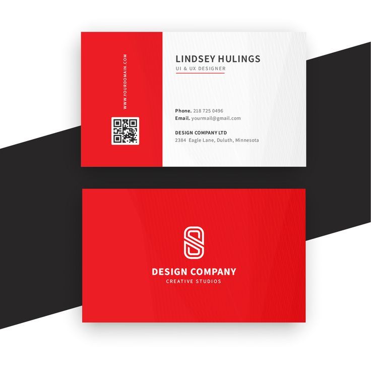 two red business cards with black and white stripes on the bottom one is for design company