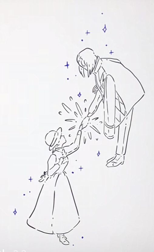 a drawing of a man holding the hand of a woman's head with stars in the background