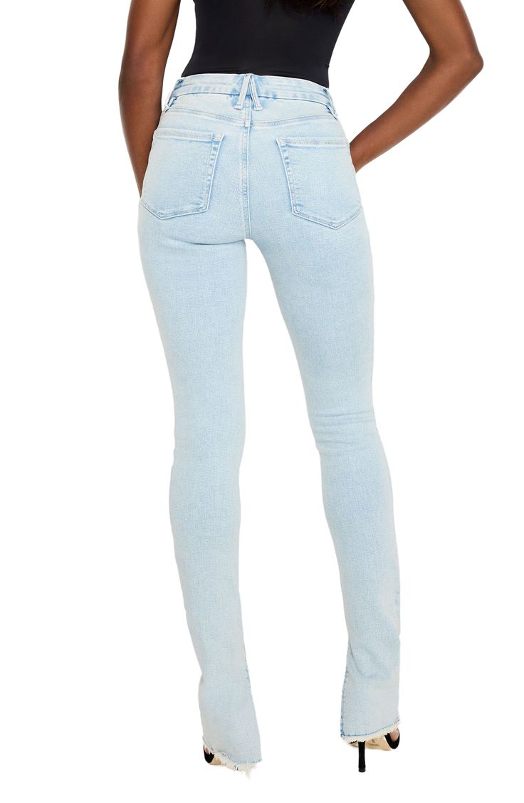 A touch of stretch adds comfort to these skinny jeans with split hems. 33 1/2" regular inseam; 9" leg opening; 11" front rise; 13 1/2" back rise (size 8) Zip fly with button closure Five-pocket style 94% cotton, 4% elastomultiester, 2% elastane Machine wash, tumble dry Imported Black Owned/Founded