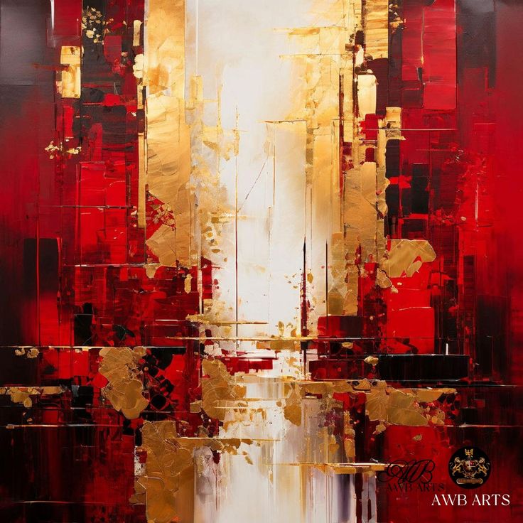 an abstract painting with gold and red colors