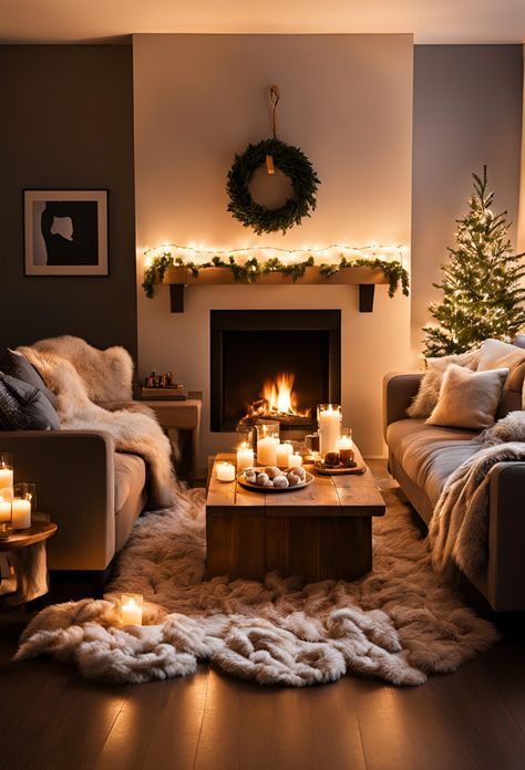 a living room filled with furniture and lit candles in front of a fire place surrounded by christmas wreaths