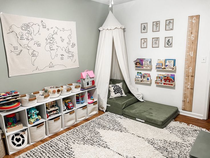 a child's playroom with toys and bookshelves on the floor,