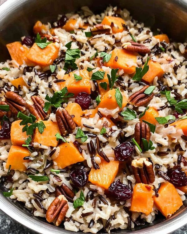 Savor Station | Cranberry Pecan Sweet Potato Wild Rice Pilaf | Facebook Sweet Potato Wild Rice, Wild Rice Blend, Sweet Potato Rice, Wild Rice Pilaf, Autumn Side Dishes, Christmas Side Dishes, Dried Parsley, Potato Rice, Rice Pilaf