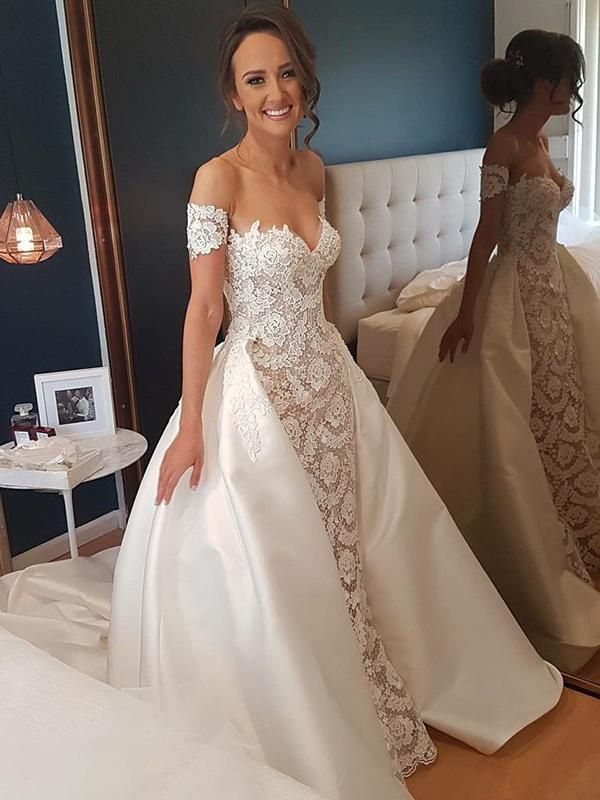 Sweetheart Neck Sheath Lace Wedding Dresses with Detachable Court Train AWD1243-SheerGirl Wedding Dress Overskirt, Lace Sweetheart Wedding Dress, Wedding Gowns Online, Sheath Wedding Dress Lace, Ivory Lace Wedding Dress, Wedding Dresses Uk, Rustic Wedding Dresses, Sweetheart Wedding Dress, Lace Wedding Dresses