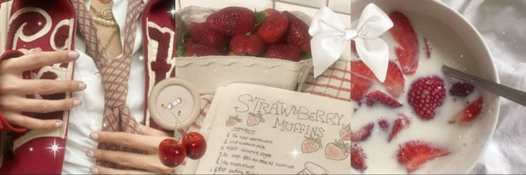 a plate with strawberries and milk on it