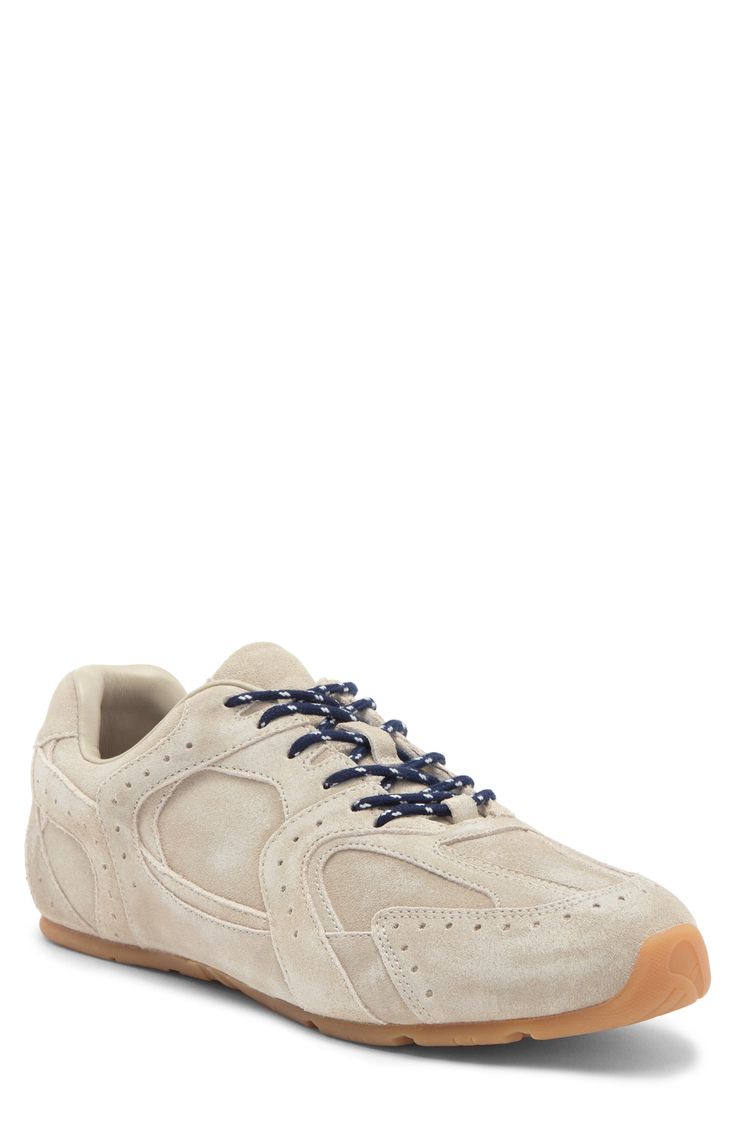 Layered panels with curved lines give a retro vibe to this low-profile sneaker featuring zesty contrast laces. Lace-up style Leather upper/textile lining/synthetic sole Imported Tennis Shoes With Jeans, Alohas Sneakers, Best Everyday Shoes, Brown Suede Sneakers, Cool Street Style, Cold Weather Shoes, Fall Sneakers, Nike Boots, Unique Sneakers