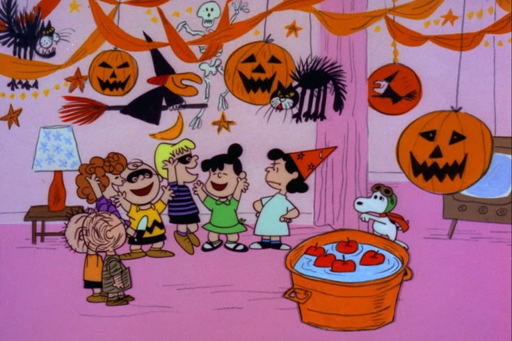 an image of cartoon halloween scene with pumpkins and jack - o'- lanterns