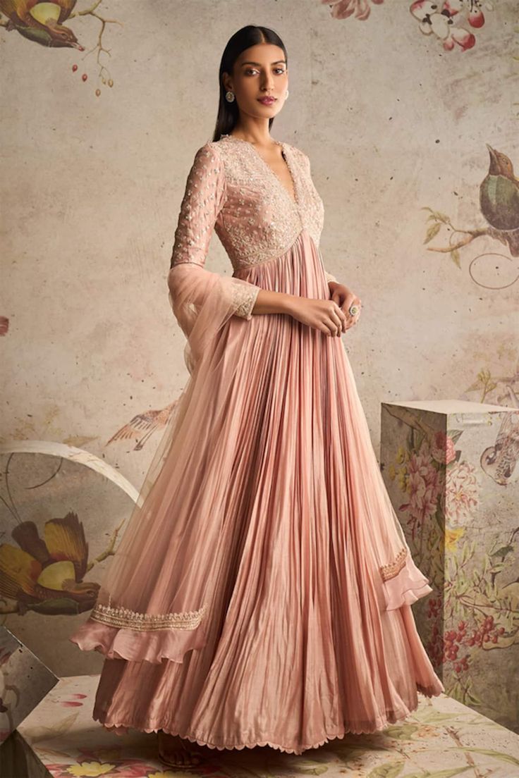 Buy Pink Silk Embellished Pearl V Neck Pleated Anarkali With Dupatta For Women by PARUL GANDHI Online at Aza Fashions. Pink Anarkali Suits, Ridhi Mehra, Pink Anarkali, Silk Anarkali, Long Anarkali, Anarkali Dress Pattern, Embroidered Crop Tops, Anarkali Gown, Embroidered Dupatta