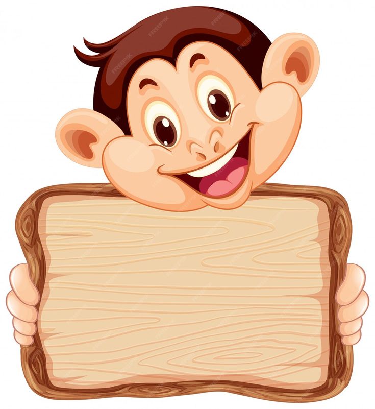 a monkey holding a wooden sign with his head peeking out from behind it, and smiling