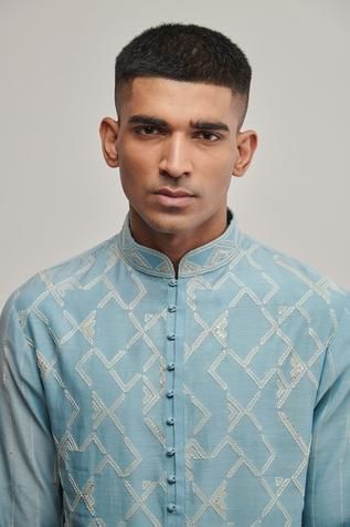 Shop for Dhruv Vaish Blue Cotton Silk Chanderi Kurta Set for Men Online at Aza Fashions Stylish Boy Clothes, Stylish Boy, Blue Kurta, Kurta Men, Kurta Set For Men, Geometric Embroidery, Stylish Boys, Kurta Designs, Boy Clothes