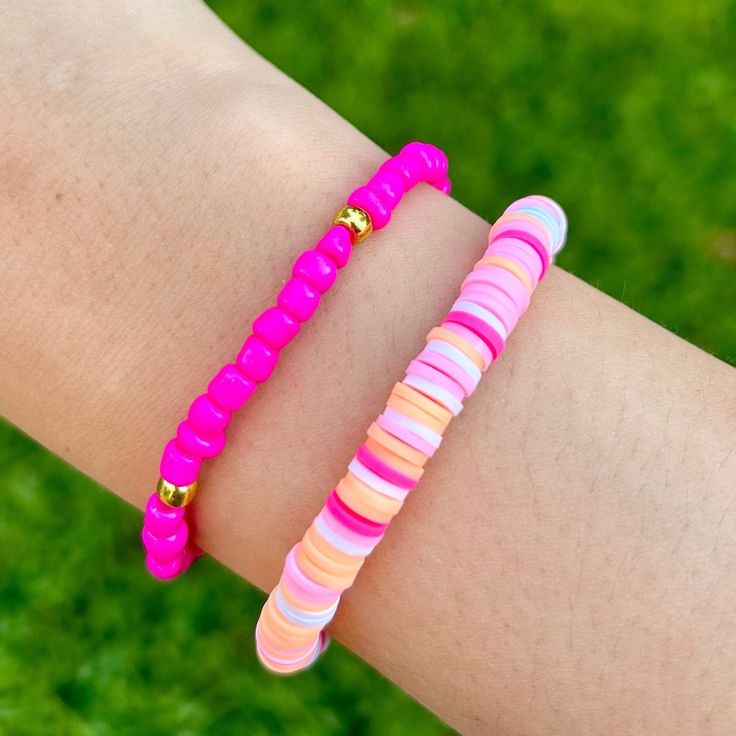 Tropical Sunrise Flower Inspired Handmade Bracelet: Beaded with pink, white, and orange disc; complemented with pink and gold glass seed beads.  (please view size chart) Simply Made, Simply Loved! Pink Heishi Beads Beaded Bracelets, Pink Hand-strung Heishi Beads Friendship Bracelets, Pink Friendship Bracelets With Spacer Beads, Pink Tiny Beads Stretch Bracelet, Pink Stretch Bracelet With Tiny Beads, Summer Pink Hand-strung Beads, Summer Hand-strung Pink Beads, Adjustable Pink Friendship Bracelets With Spacer Beads, Pink Tiny Beads Bracelet For Beach